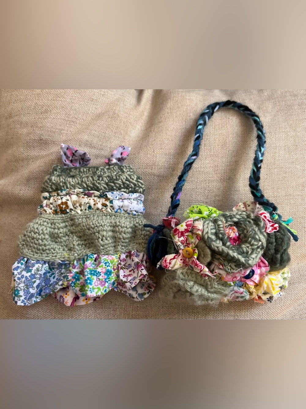 Handmade Crochet Doll Dress & Floral Purse Set Fits Small Dolls OOAK Cottagecore